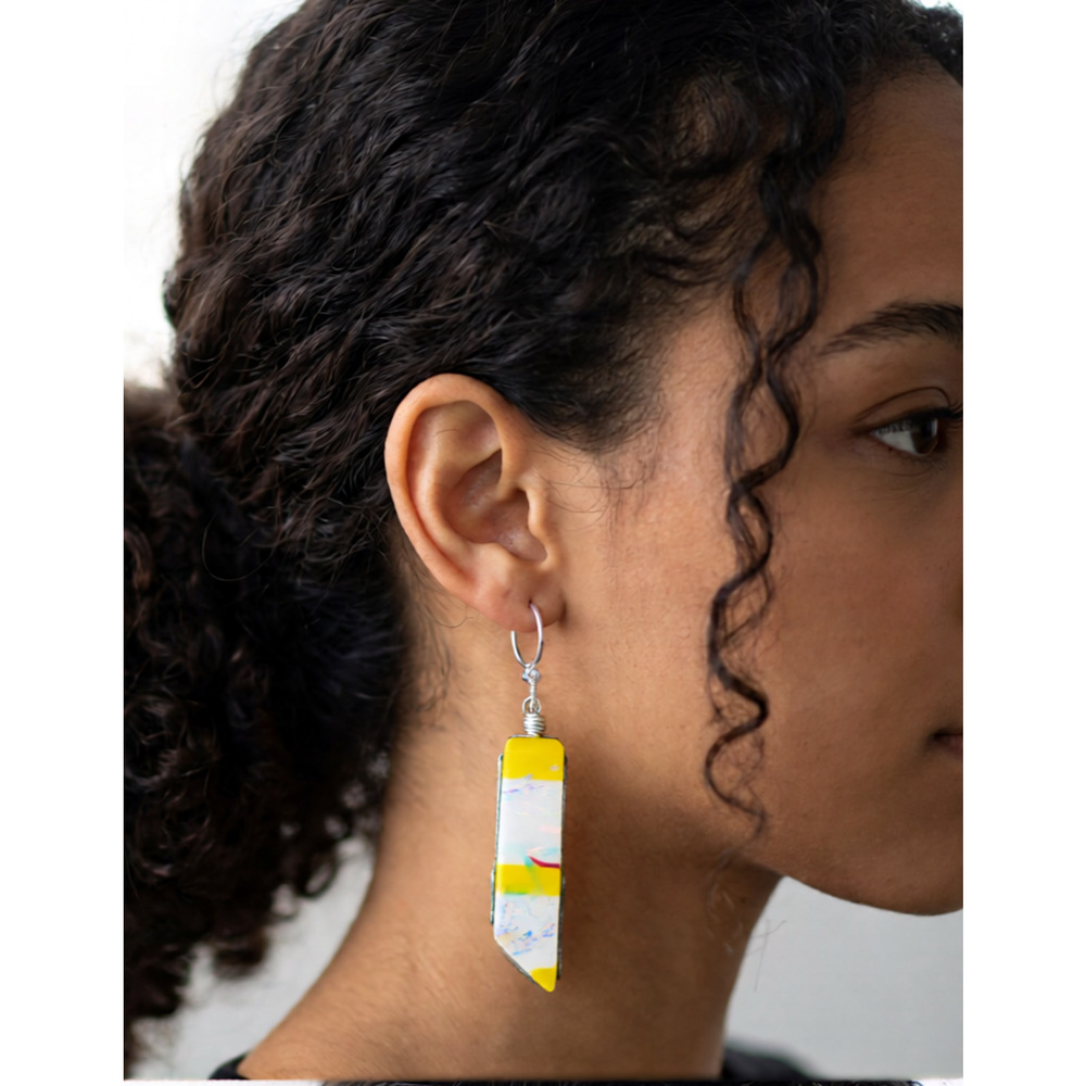 Earrings Dichroic Glass Yellow White Iridescent Design Artisan Dangles Drops